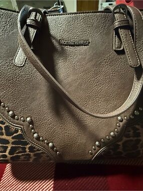 Montana West Taupe Tote with Leopard Accent and Stud Trim